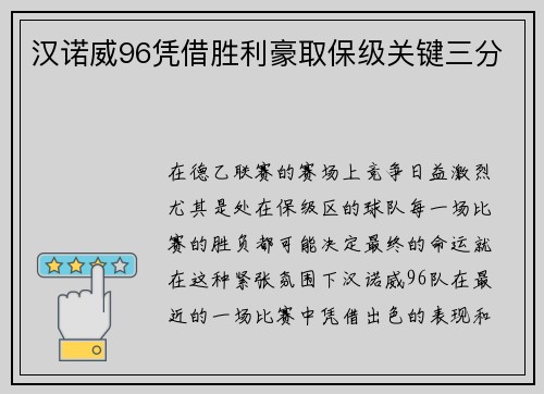 汉诺威96凭借胜利豪取保级关键三分